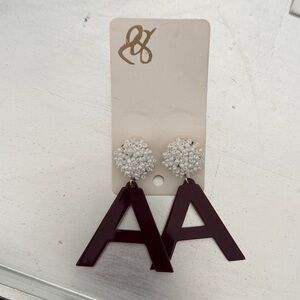 Maroon Initial 'A' Earrings with White Beads